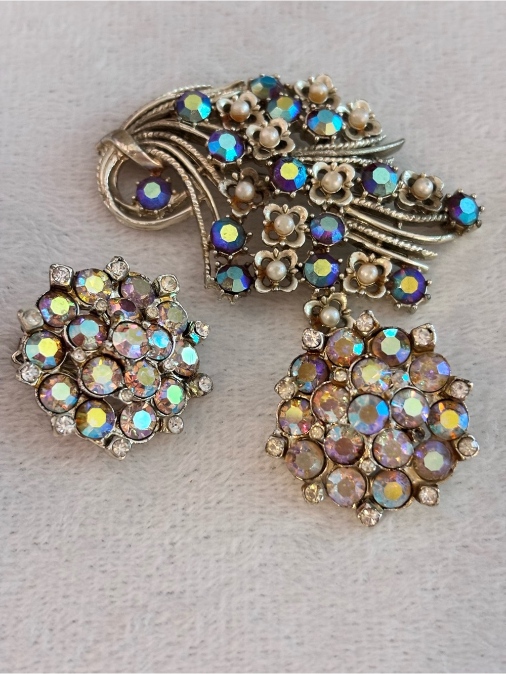 Vintage AB Rhinestone Brooch & Clip Earrings Coordinated Set